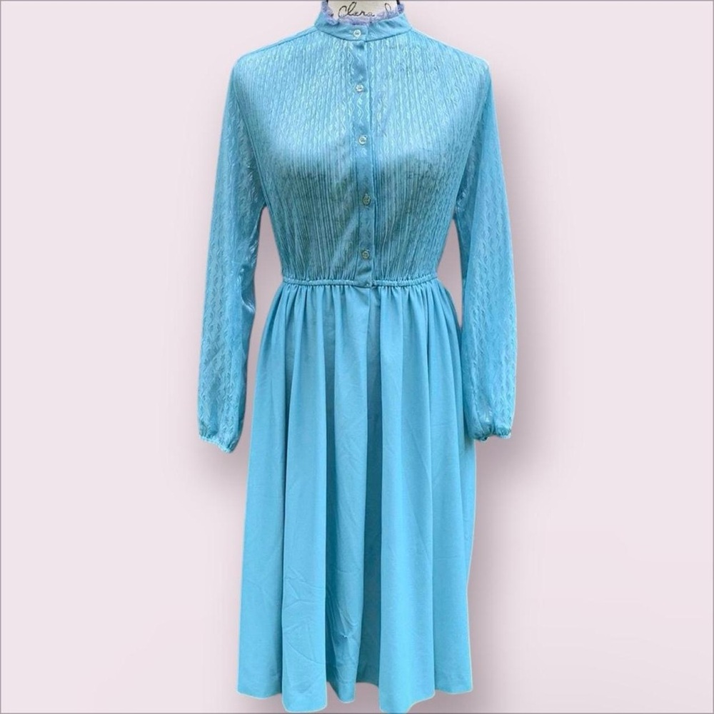 Vintage Discovery Blue A-line Prairie Dress with Mock Neck and Bishop Sleeves